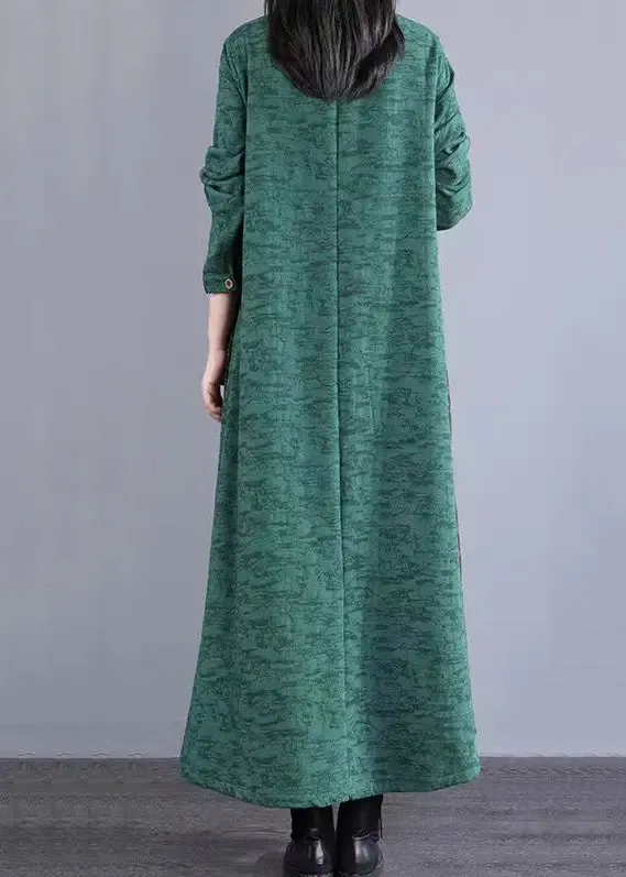 Bohemian Green Stand Collar Patchwork Cotton Long Dresses Fall ML0560