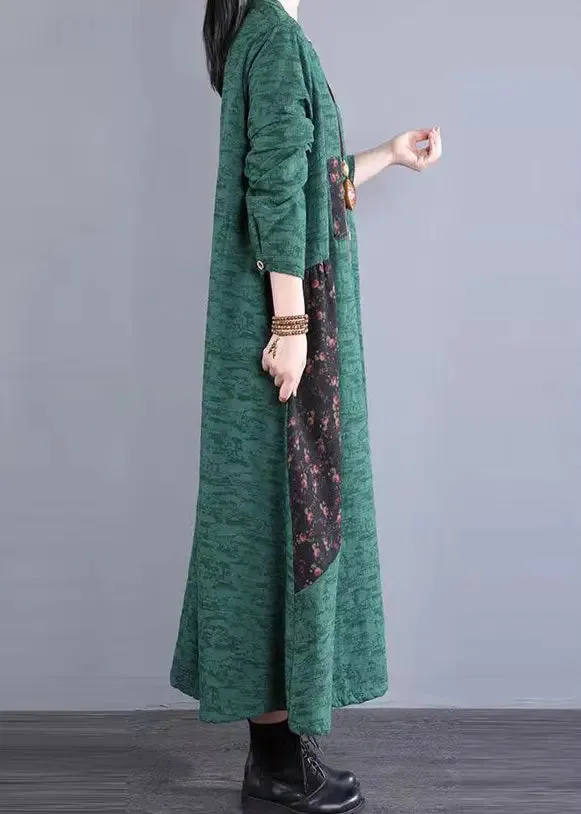 Bohemian Green Stand Collar Patchwork Cotton Long Dresses Fall ML0560