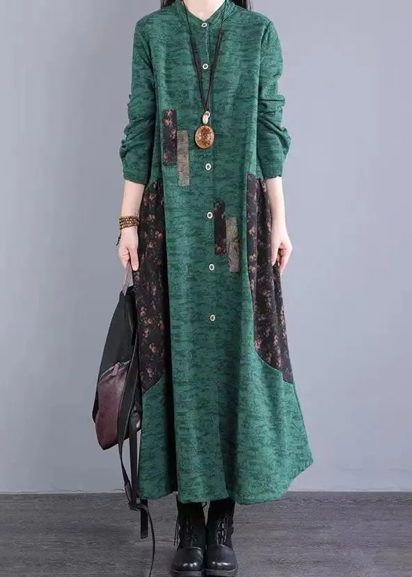 Bohemian Green Stand Collar Patchwork Cotton Long Dresses Fall ML0560