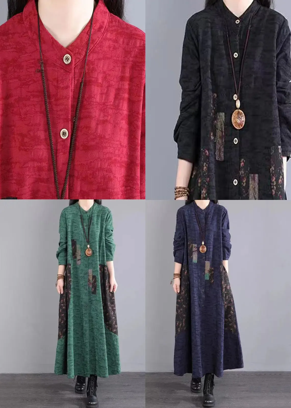 Bohemian Green Stand Collar Patchwork Cotton Long Dresses Fall ML0560