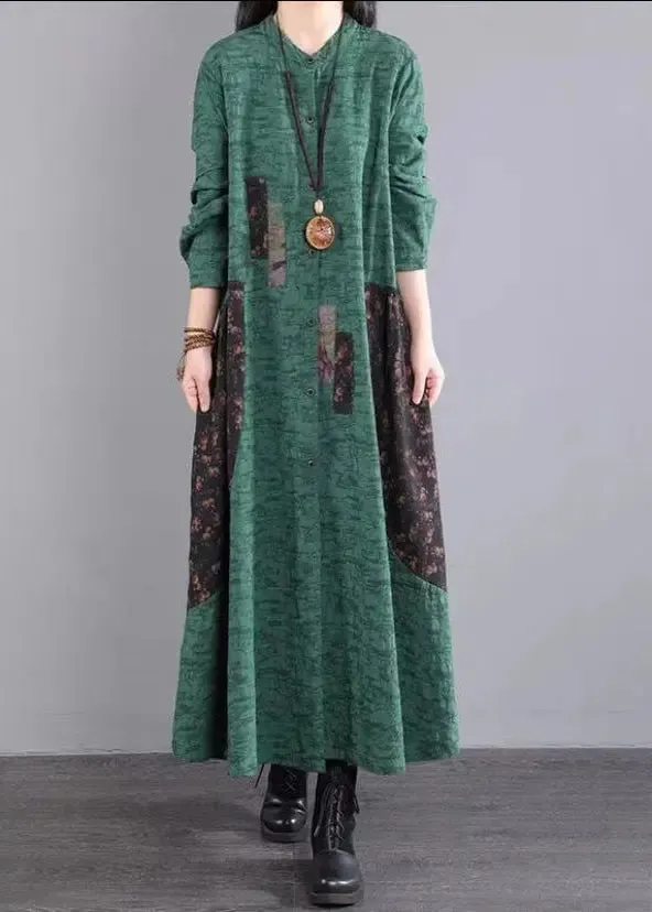 Bohemian Green Stand Collar Patchwork Cotton Long Dresses Fall ML0560