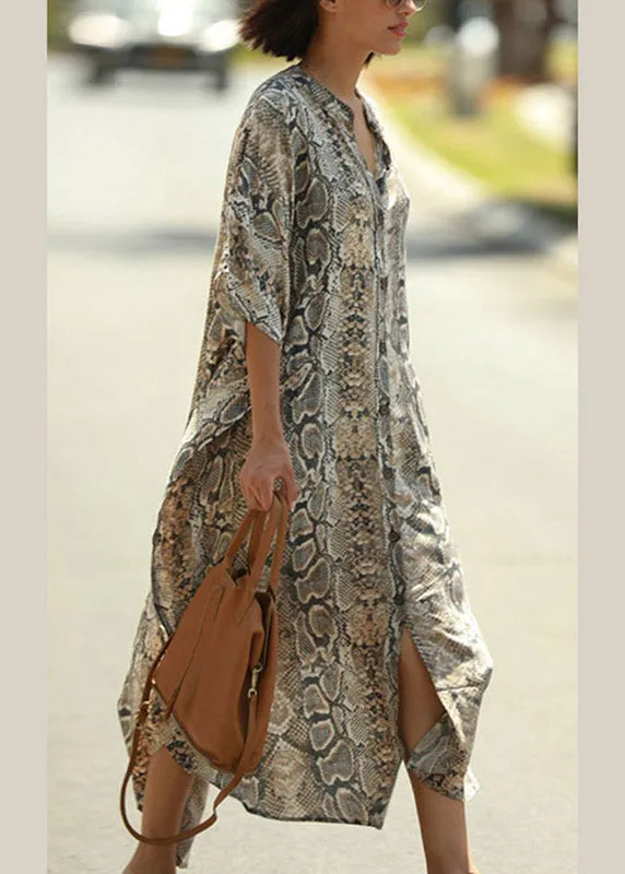 Bohemian Stand Collar Print Button Side Open Maxi Shirts Dresses Summer LY3043