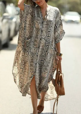 Bohemian Stand Collar Print Button Side Open Maxi Shirts Dresses Summer LY3043