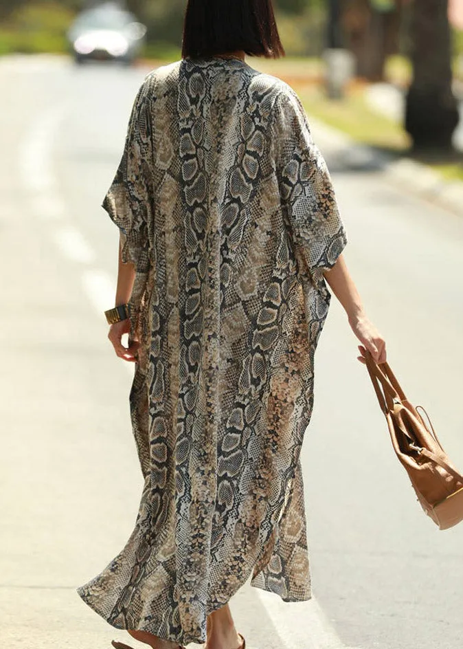 Bohemian Stand Collar Print Button Side Open Maxi Shirts Dresses Summer LY3043