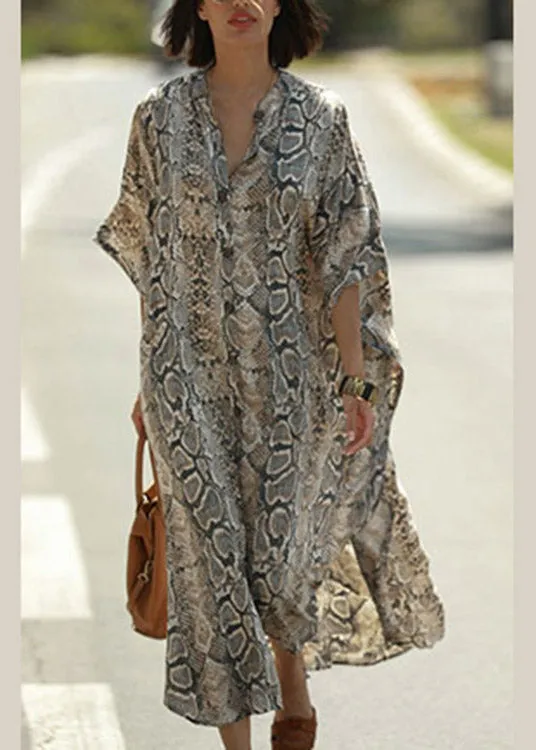 Bohemian Stand Collar Print Button Side Open Maxi Shirts Dresses Summer LY3043