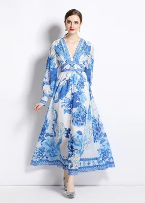 Boho Blue V Neck Print Patchwork Chiffon Vacation Dresses Long Sleeve FA132