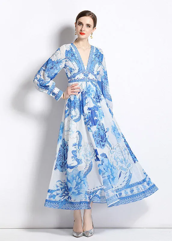 Boho Blue V Neck Print Patchwork Chiffon Vacation Dresses Long Sleeve FA132