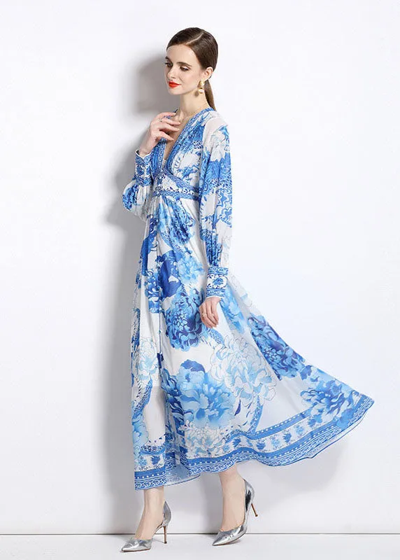 Boho Blue V Neck Print Patchwork Chiffon Vacation Dresses Long Sleeve FA132