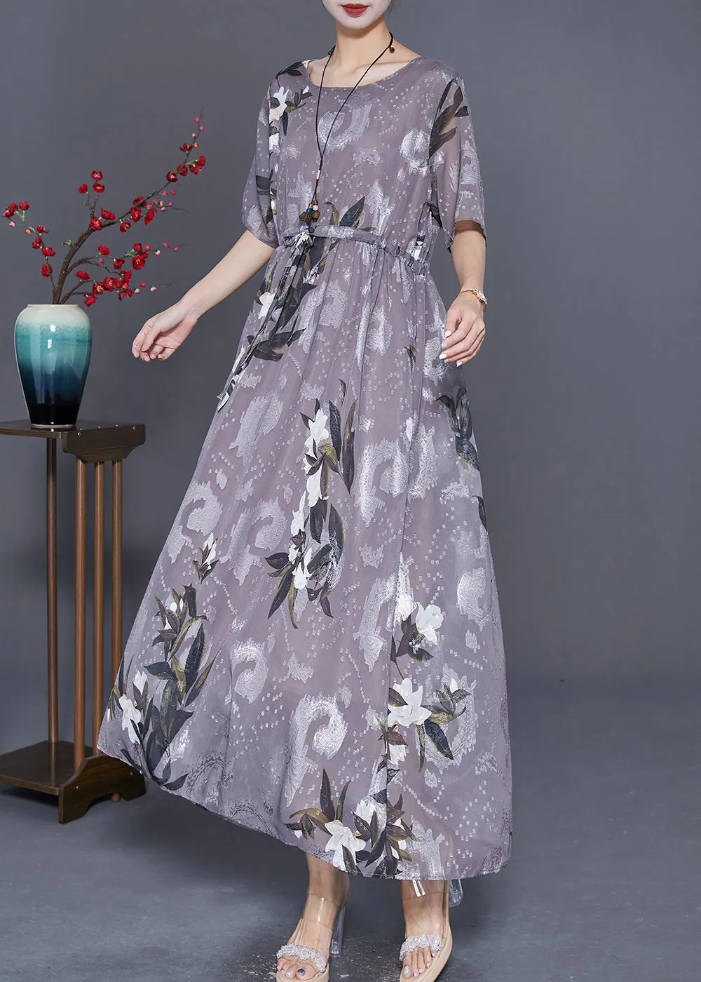 Boho Grey Cinched Print Chiffon Long Dresses Summer LY7663