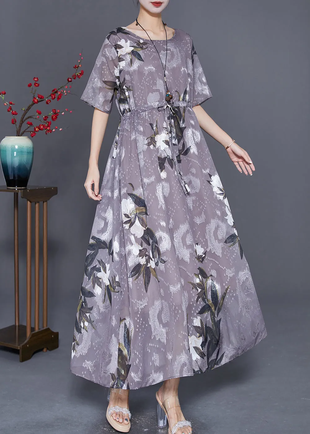 Boho Grey Cinched Print Chiffon Long Dresses Summer LY7663