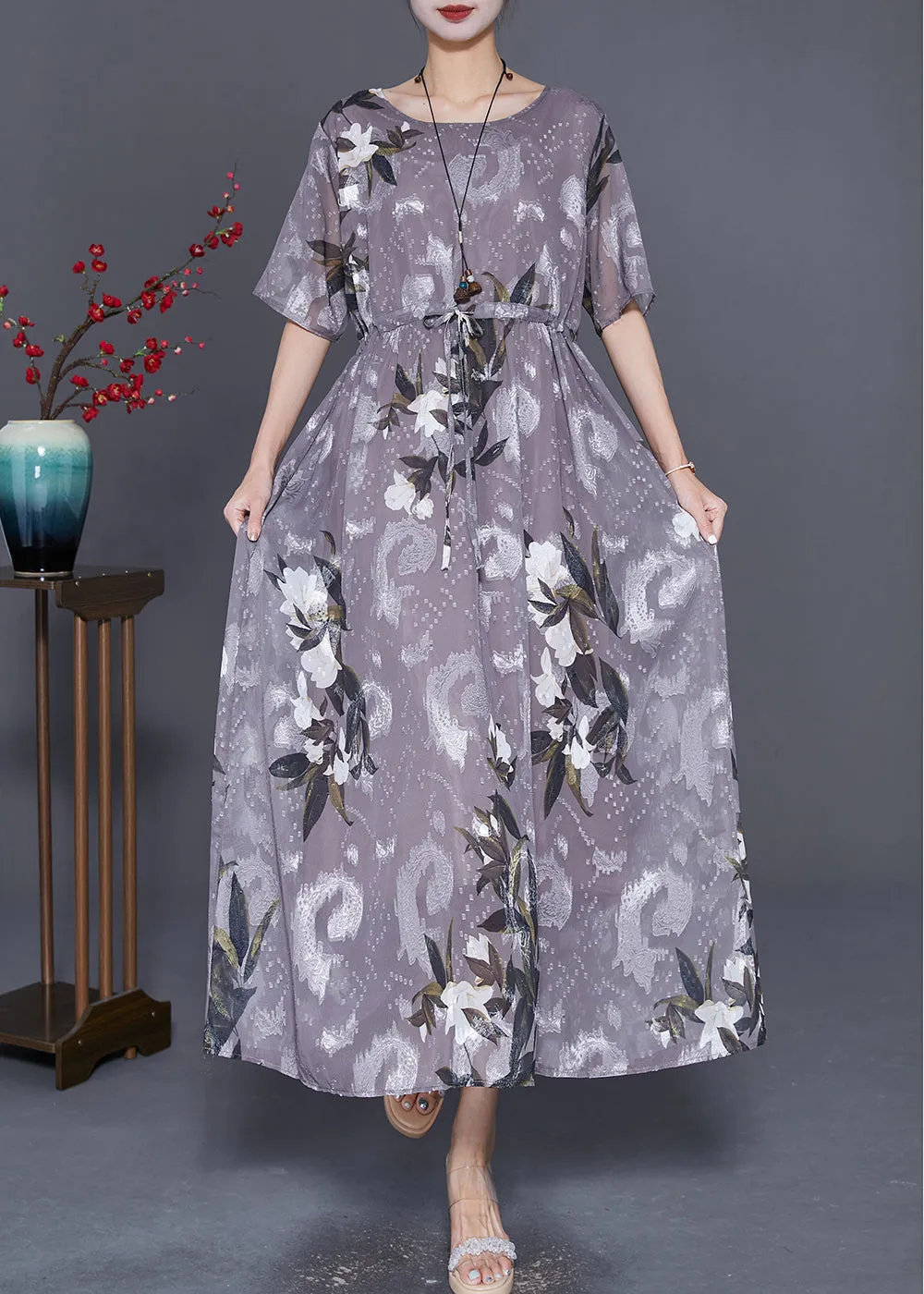 Boho Grey Cinched Print Chiffon Long Dresses Summer LY7663