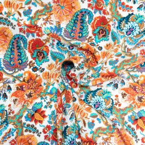 Bold Orange & Blue Floral Printed White Silk Crêpe de Chine