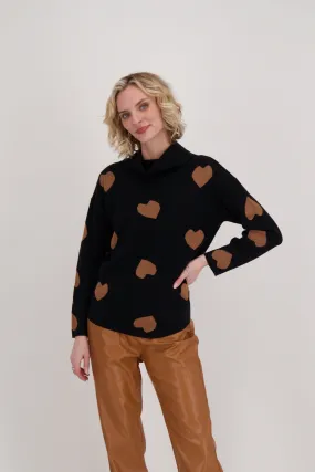 Brown Hearts Mock Neck Sweater With Back Tie-Up