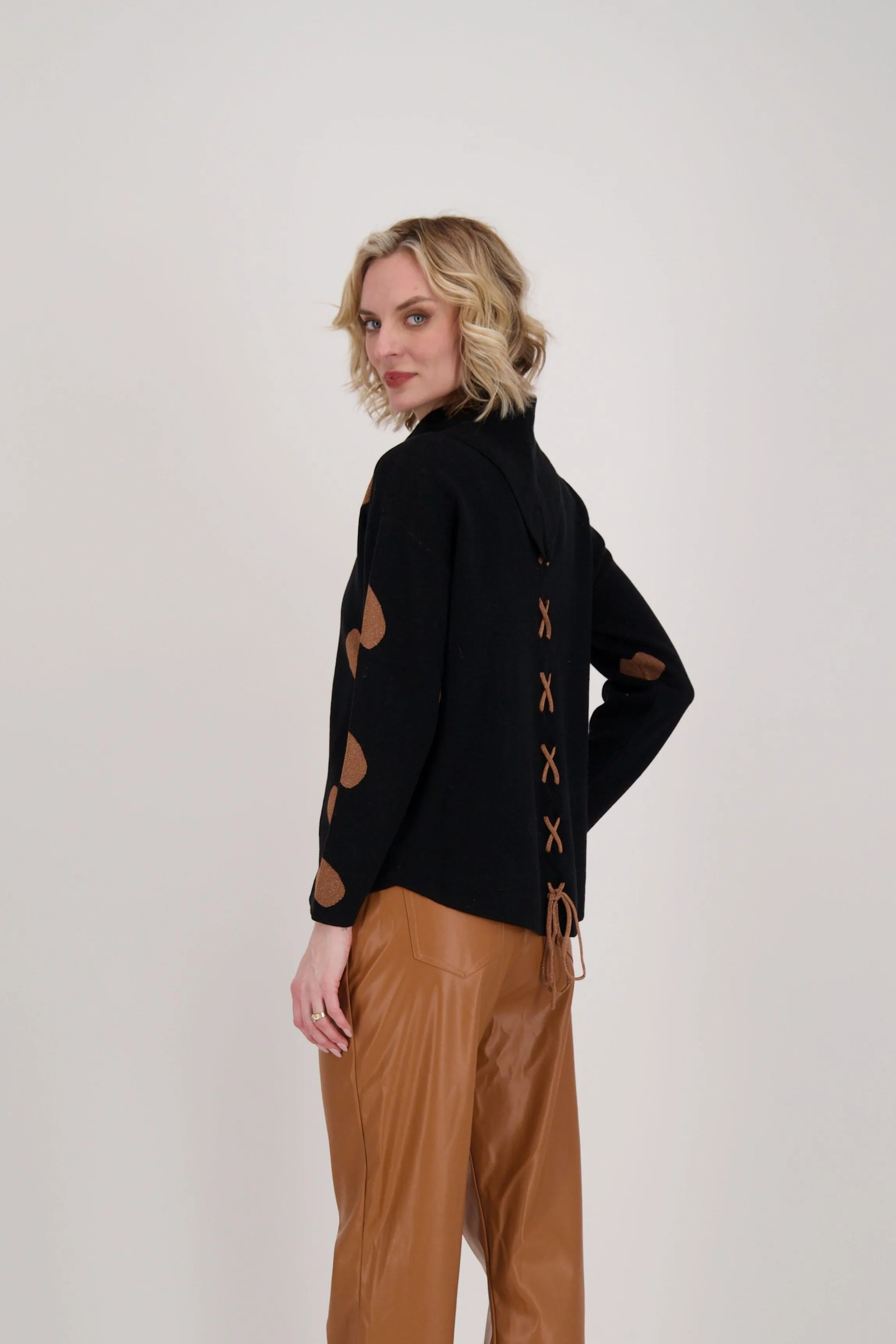 Brown Hearts Mock Neck Sweater With Back Tie-Up