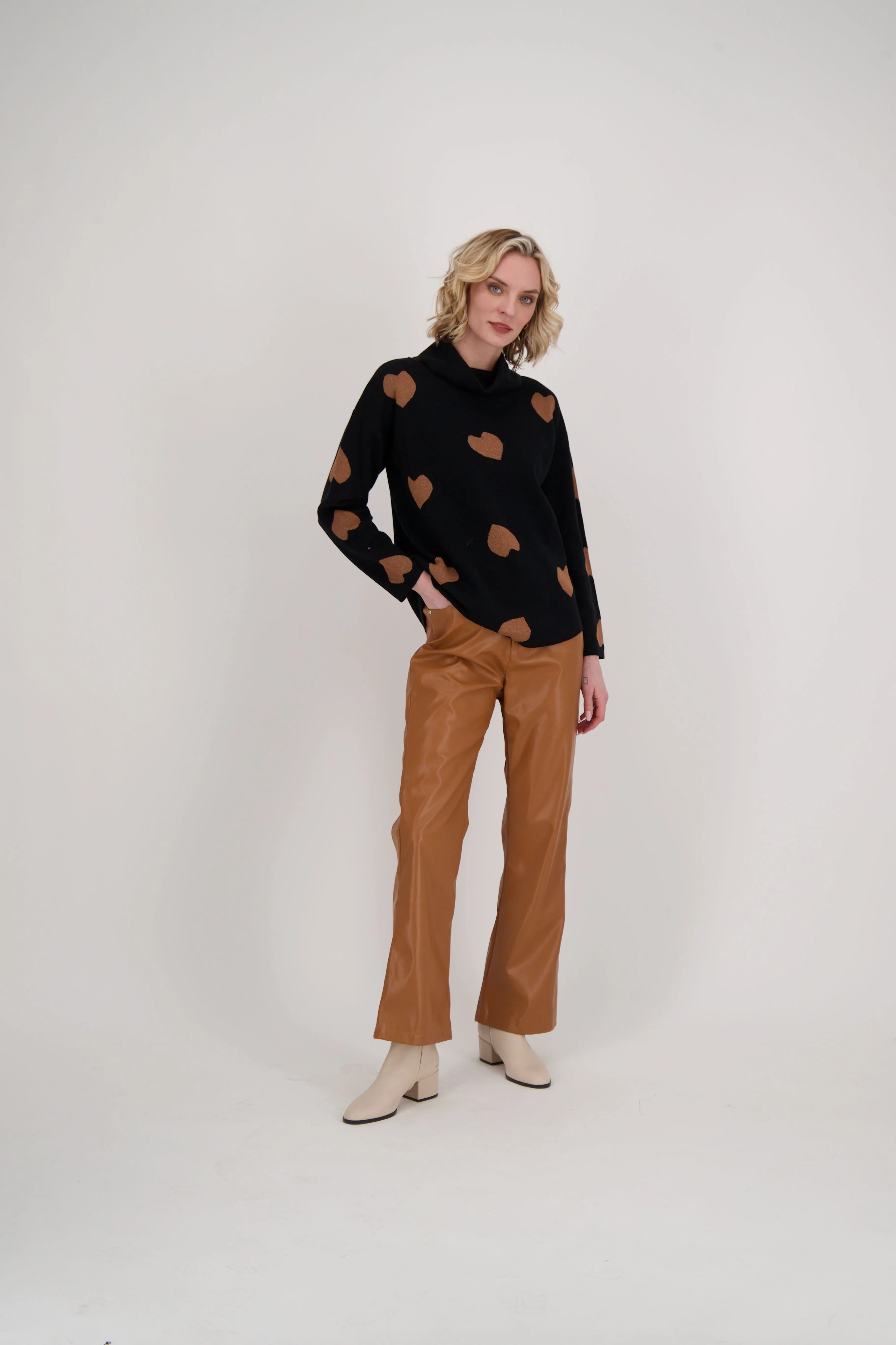 Brown Hearts Mock Neck Sweater With Back Tie-Up