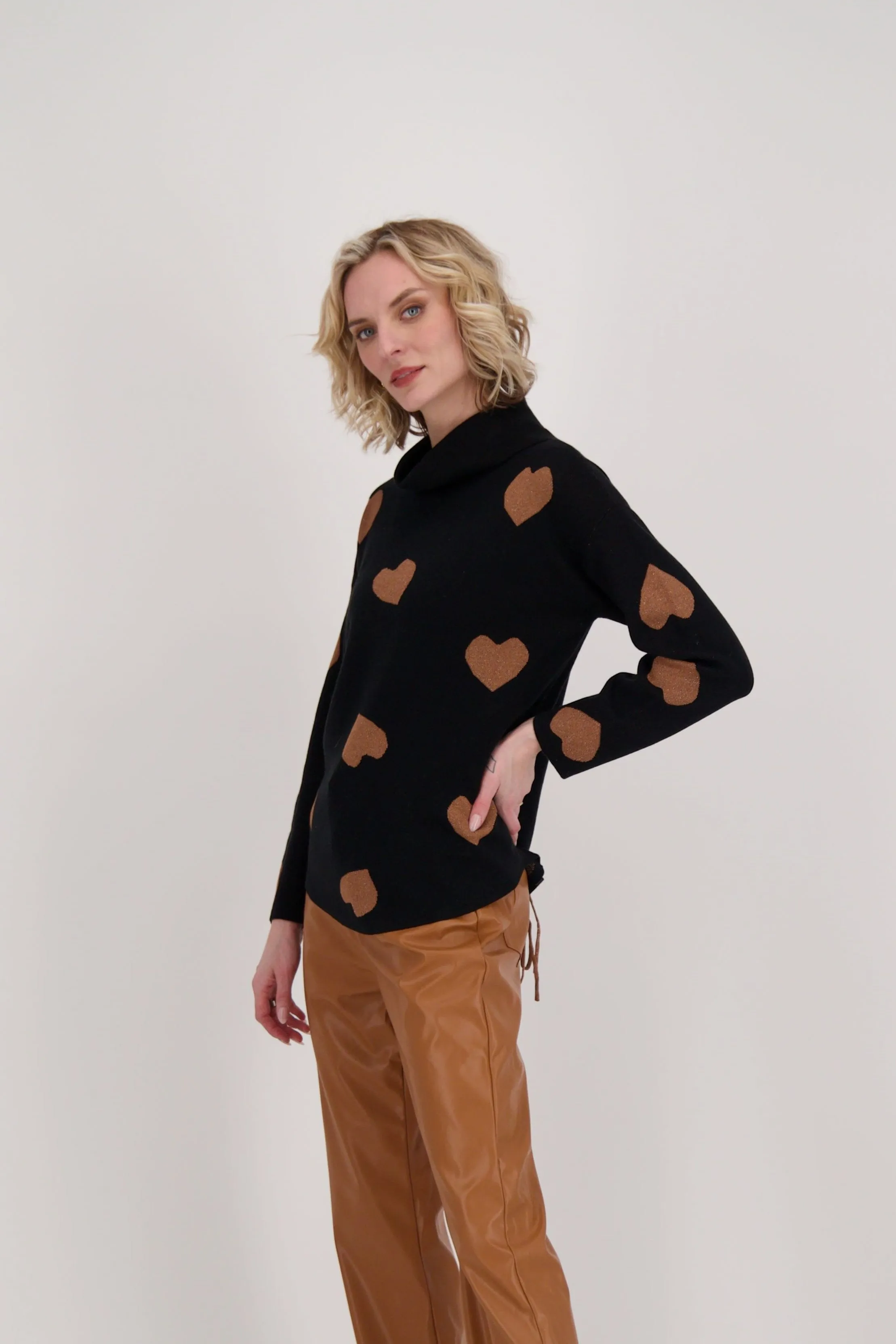 Brown Hearts Mock Neck Sweater With Back Tie-Up