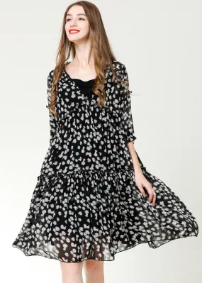 Casual Black Ruffled Print Chiffon Beach Dresses Bracelet Sleeve LY0337