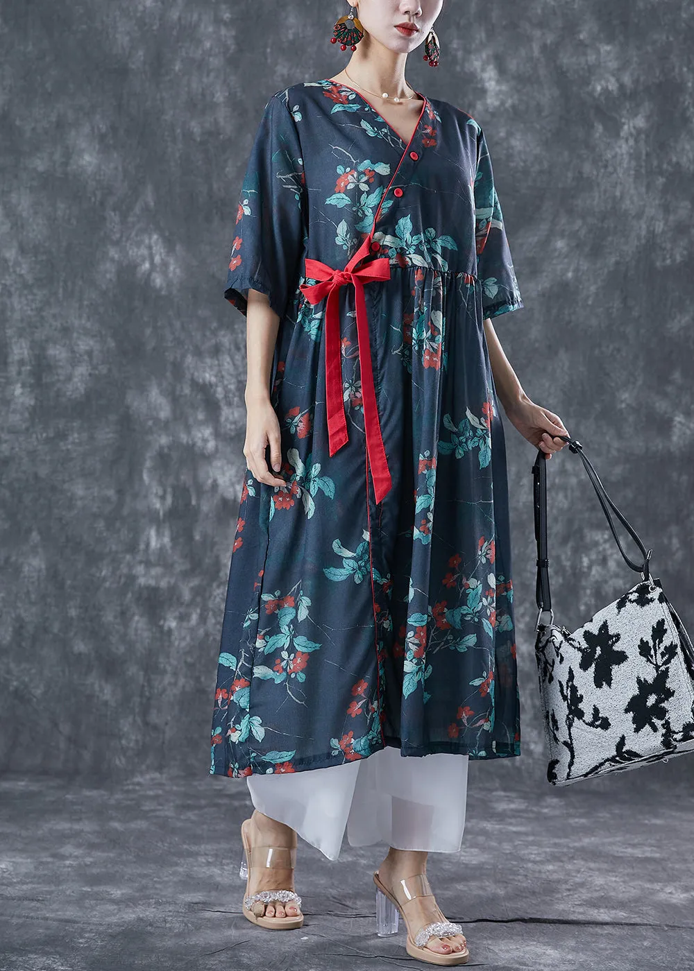 Casual Navy Oversized Print Lace Up Linen Dresses Summer TA1066