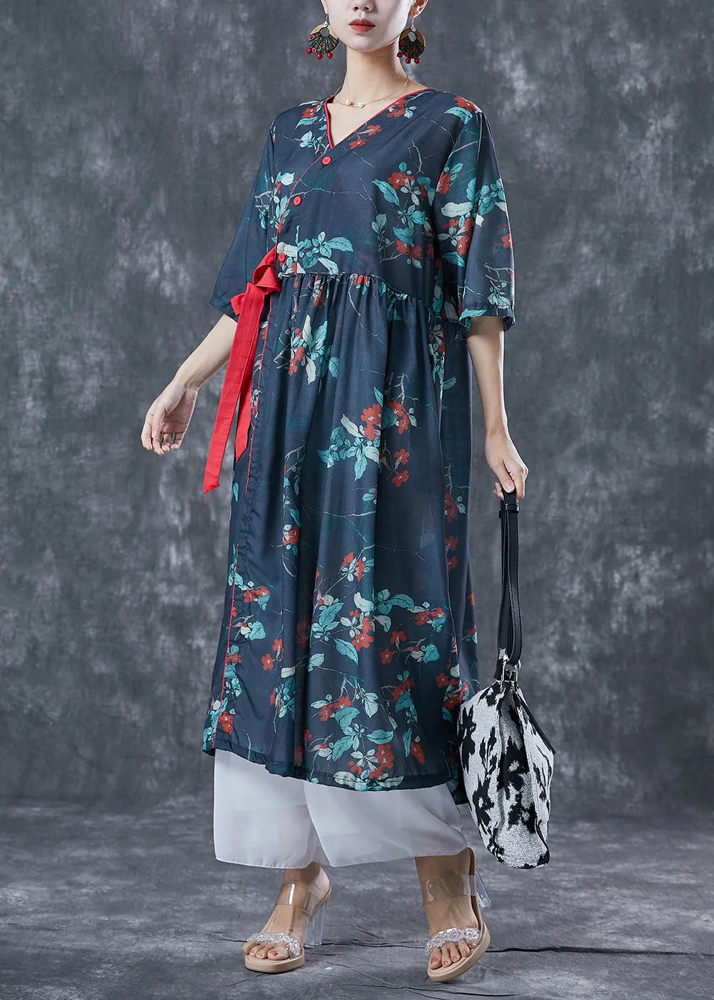 Casual Navy Oversized Print Lace Up Linen Dresses Summer TA1066