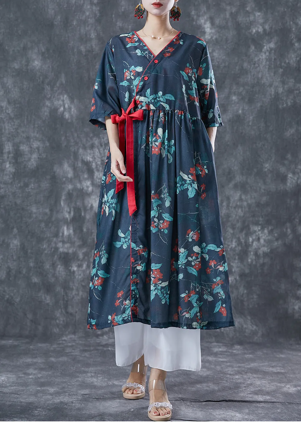 Casual Navy Oversized Print Lace Up Linen Dresses Summer TA1066