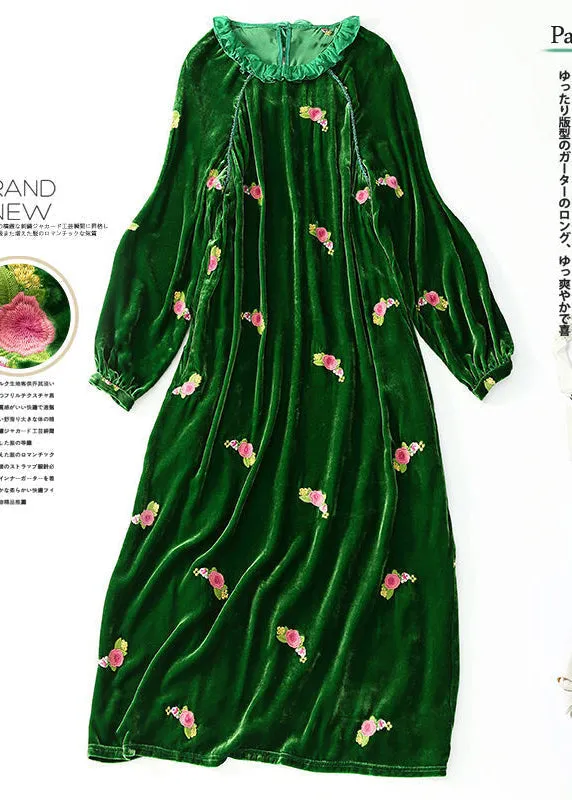 Chic Green Ruffled Embroideried Floral Silk Velour Maxi Dresses Spring LY0697