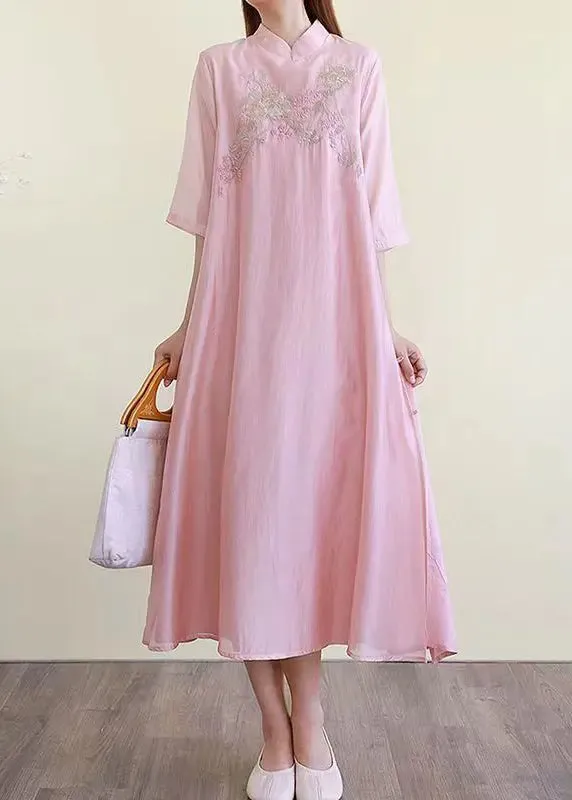 Chinese Style Pink Embroideried Side Open Cotton Dresses Summer ML0848