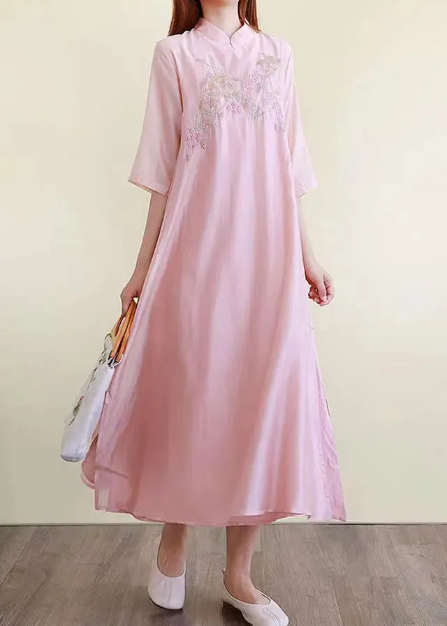 Chinese Style Pink Embroideried Side Open Cotton Dresses Summer ML0848