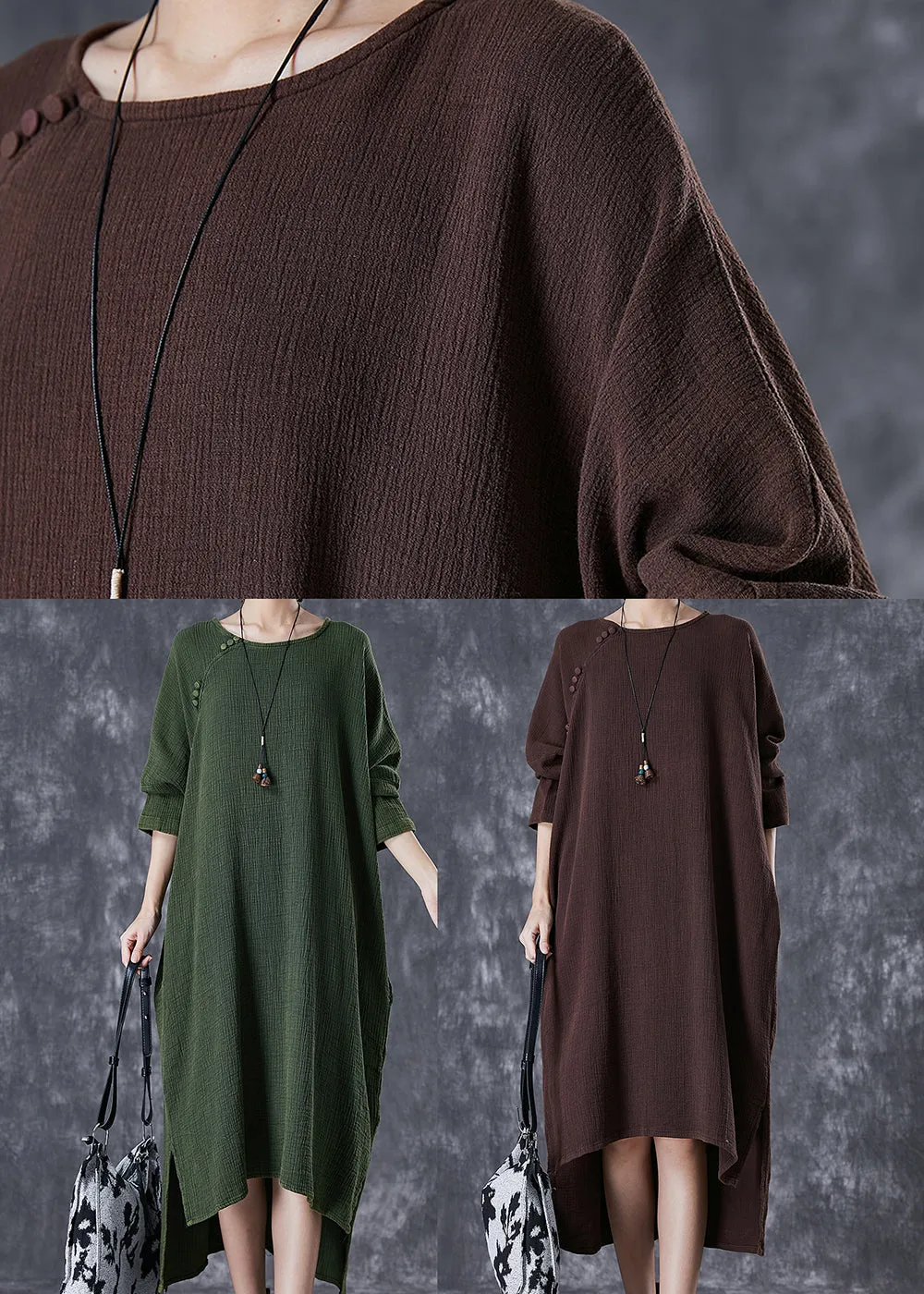 Chocolate Oversized Linen Dresses Low High Design Batwing Sleeve TD1022