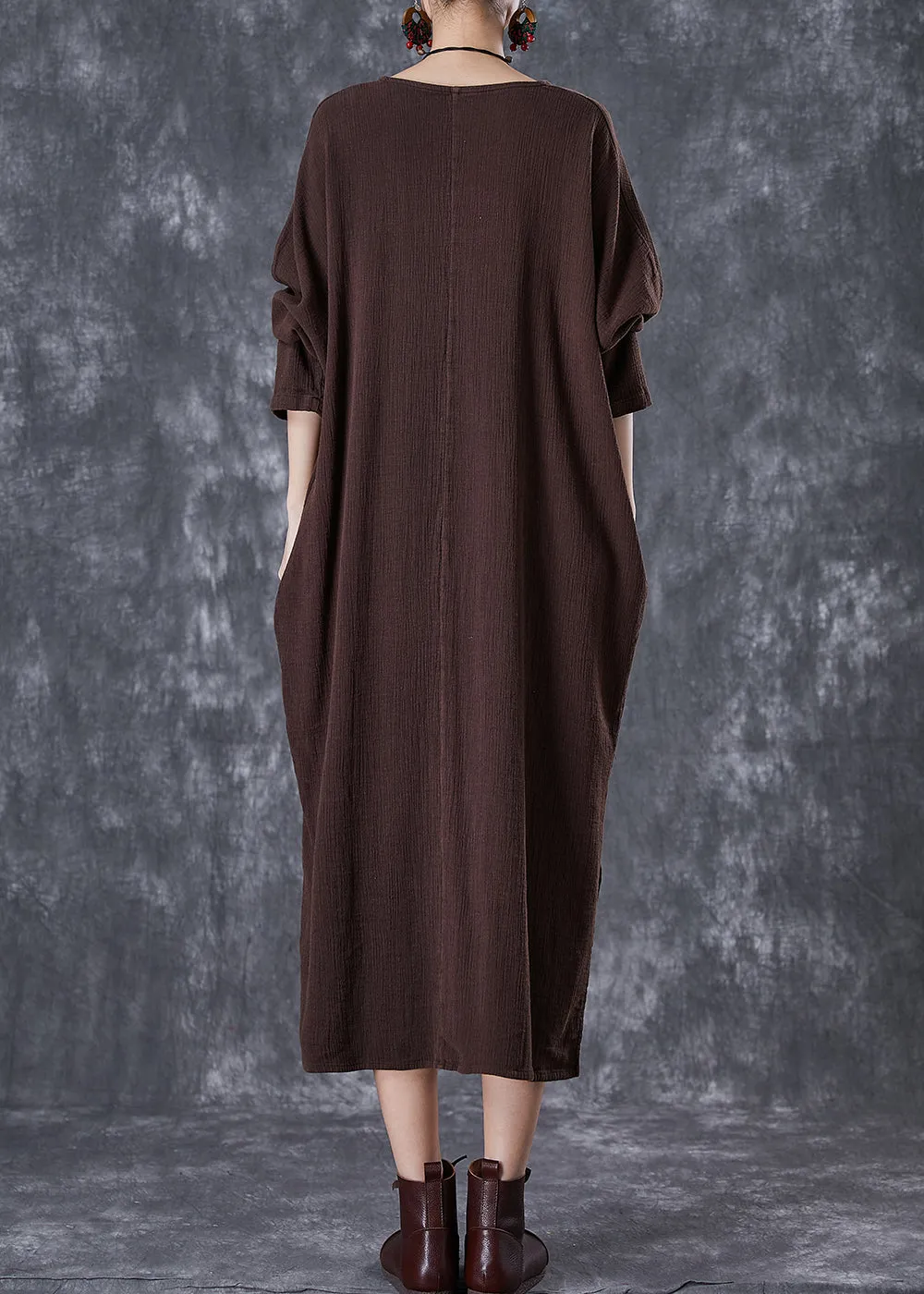 Chocolate Oversized Linen Dresses Low High Design Batwing Sleeve TD1022