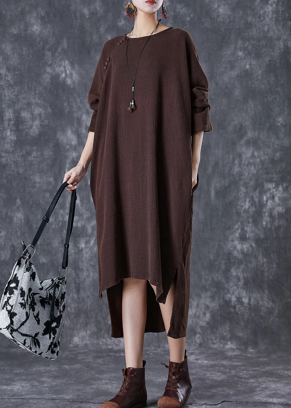 Chocolate Oversized Linen Dresses Low High Design Batwing Sleeve TD1022