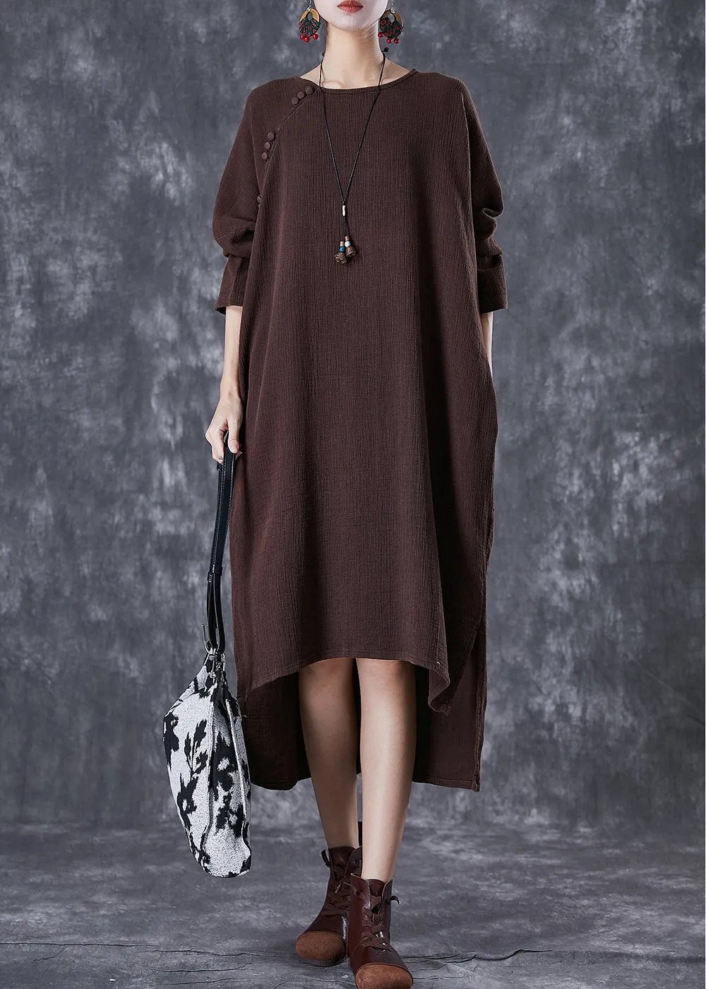 Chocolate Oversized Linen Dresses Low High Design Batwing Sleeve TD1022