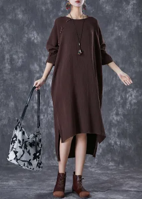 Chocolate Oversized Linen Dresses Low High Design Batwing Sleeve TD1022