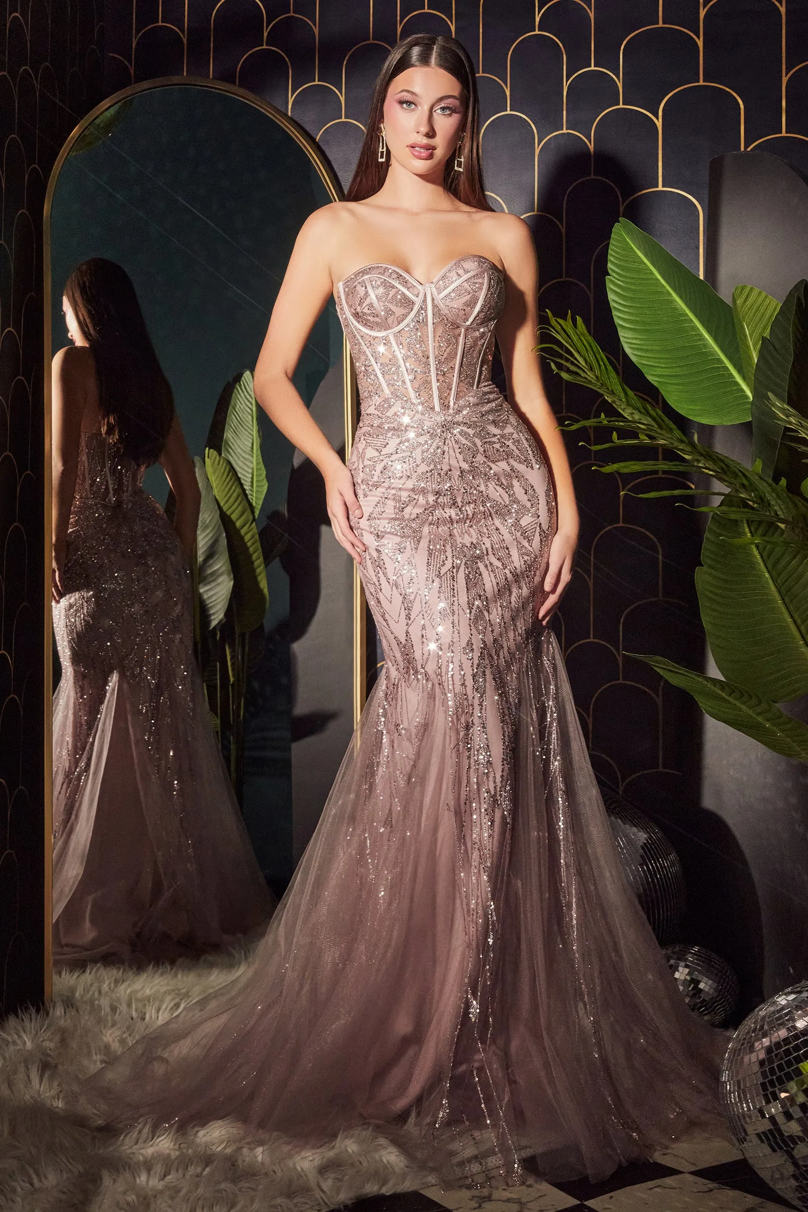 CINDERELLA DIVINE CB116 Strapless Glitter Print Mermaid Gown