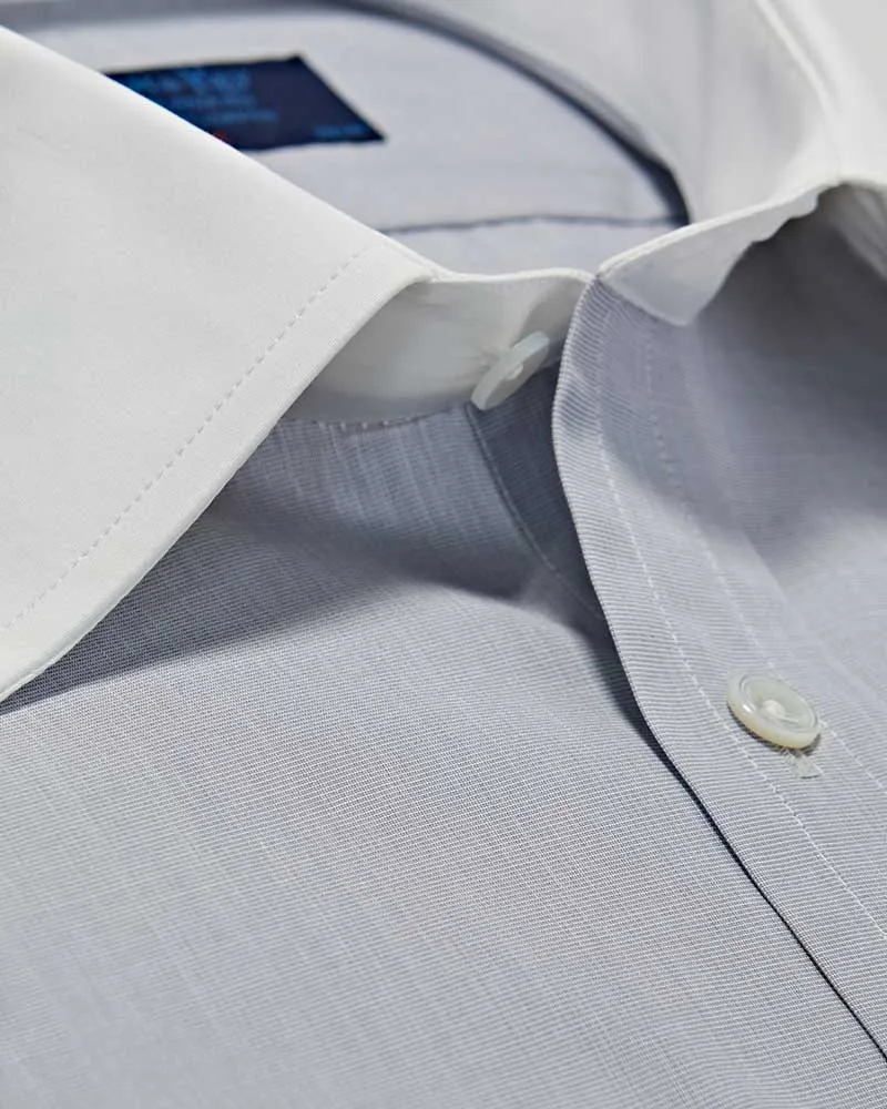 Classic Fit Plain Light Grey End-on-End Cotton Shirt with Classic Collar & Double Cuff