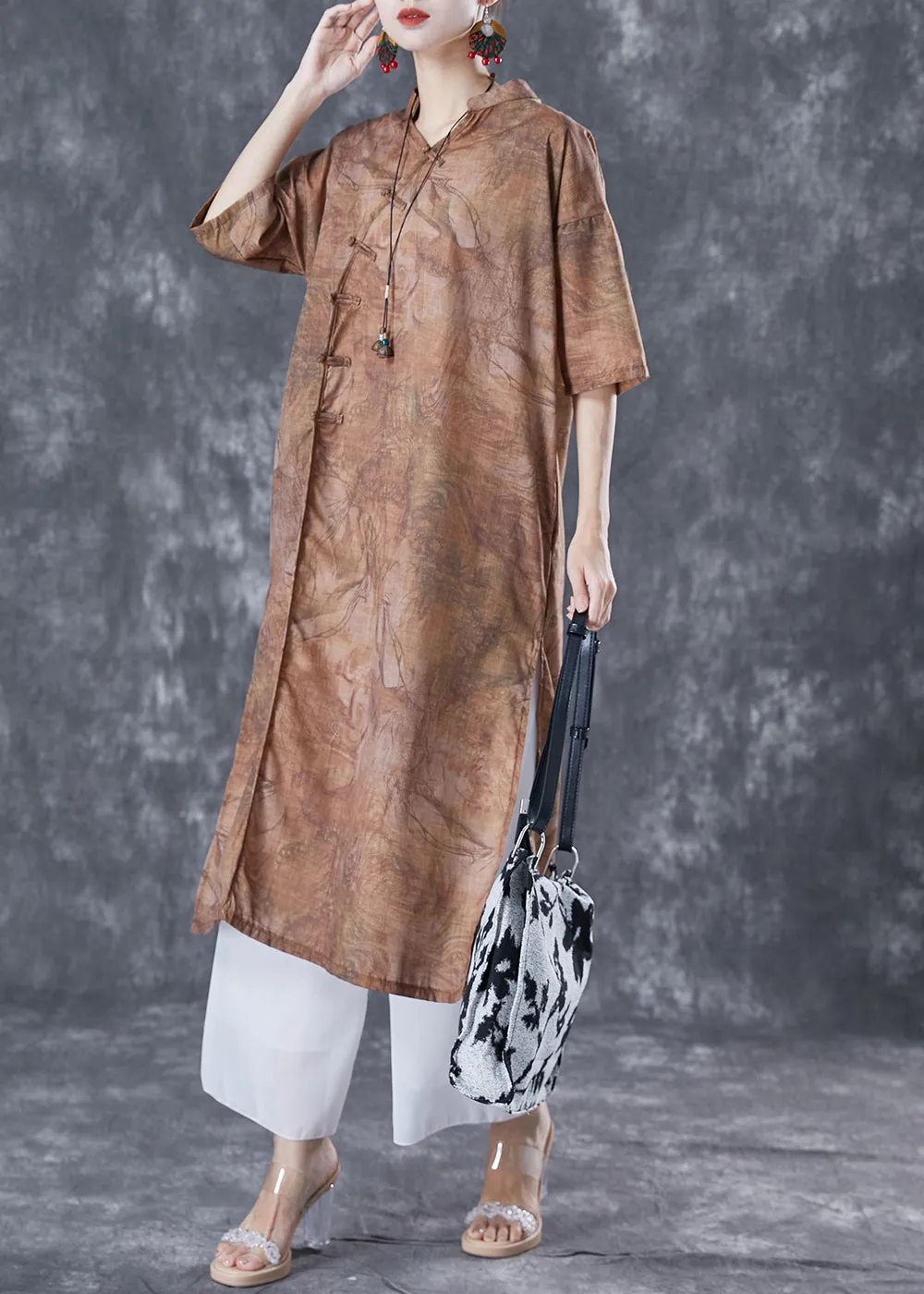 Coffee Print Oriental Linen Long Dresses V Neck Side Open Summer LY5104