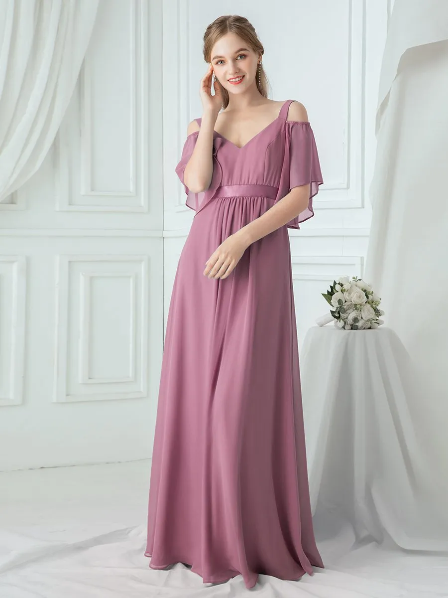 Cold Shoulder Chiffon Wholesale Bridesmaid Dress with Ruffle Sleeves