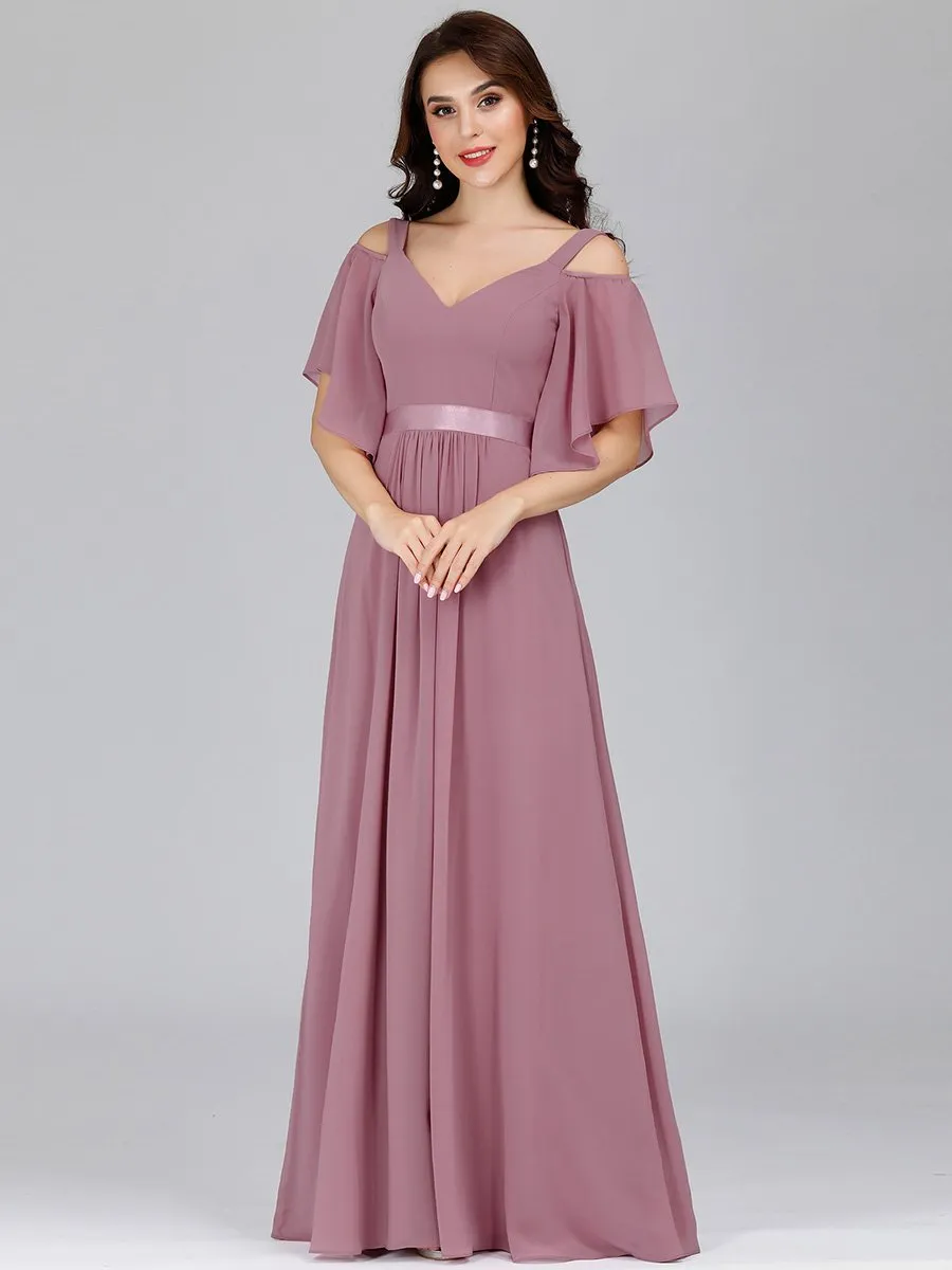 Cold Shoulder Chiffon Wholesale Bridesmaid Dress with Ruffle Sleeves