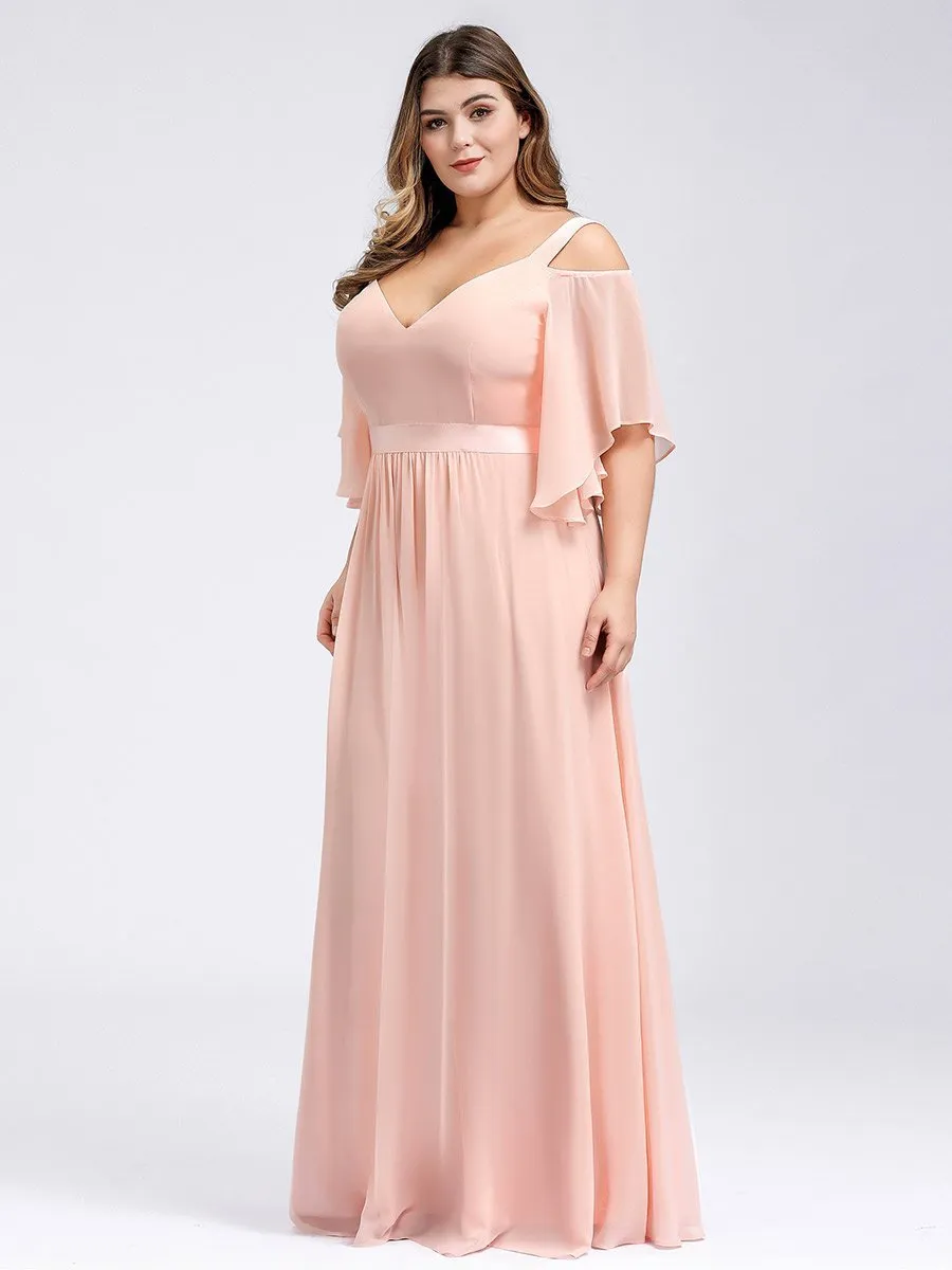 Cold Shoulder Chiffon Wholesale Bridesmaid Dress with Ruffle Sleeves