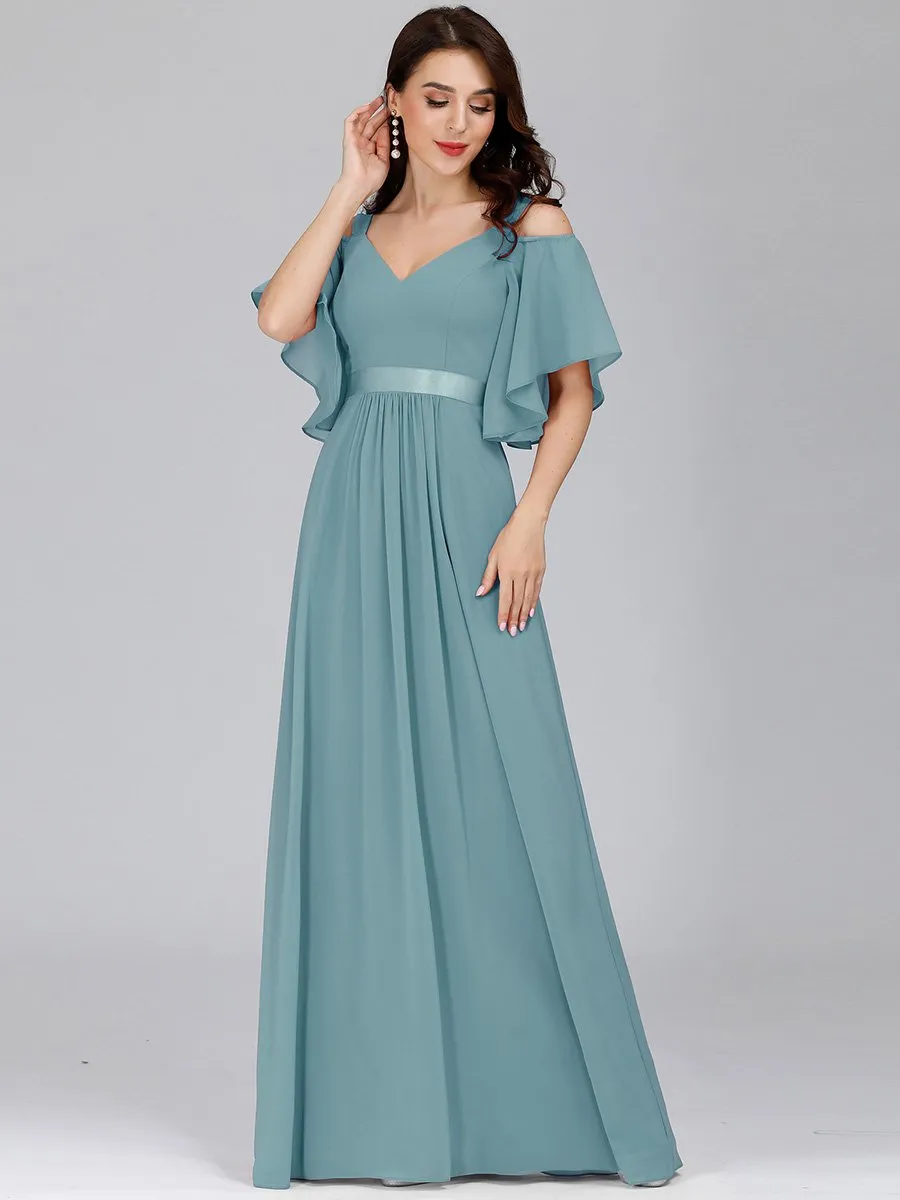 Cold Shoulder Chiffon Wholesale Bridesmaid Dress with Ruffle Sleeves