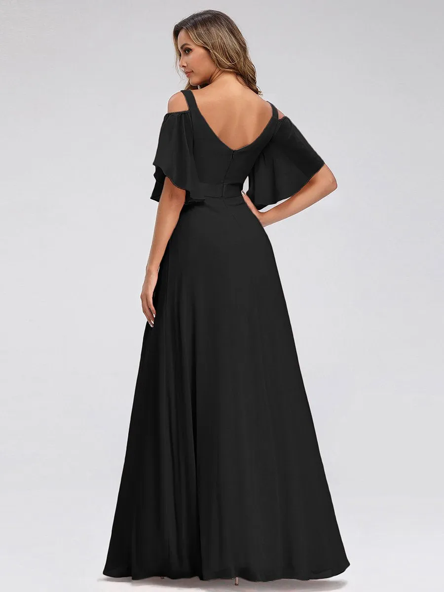 Cold Shoulder Chiffon Wholesale Bridesmaid Dress with Ruffle Sleeves