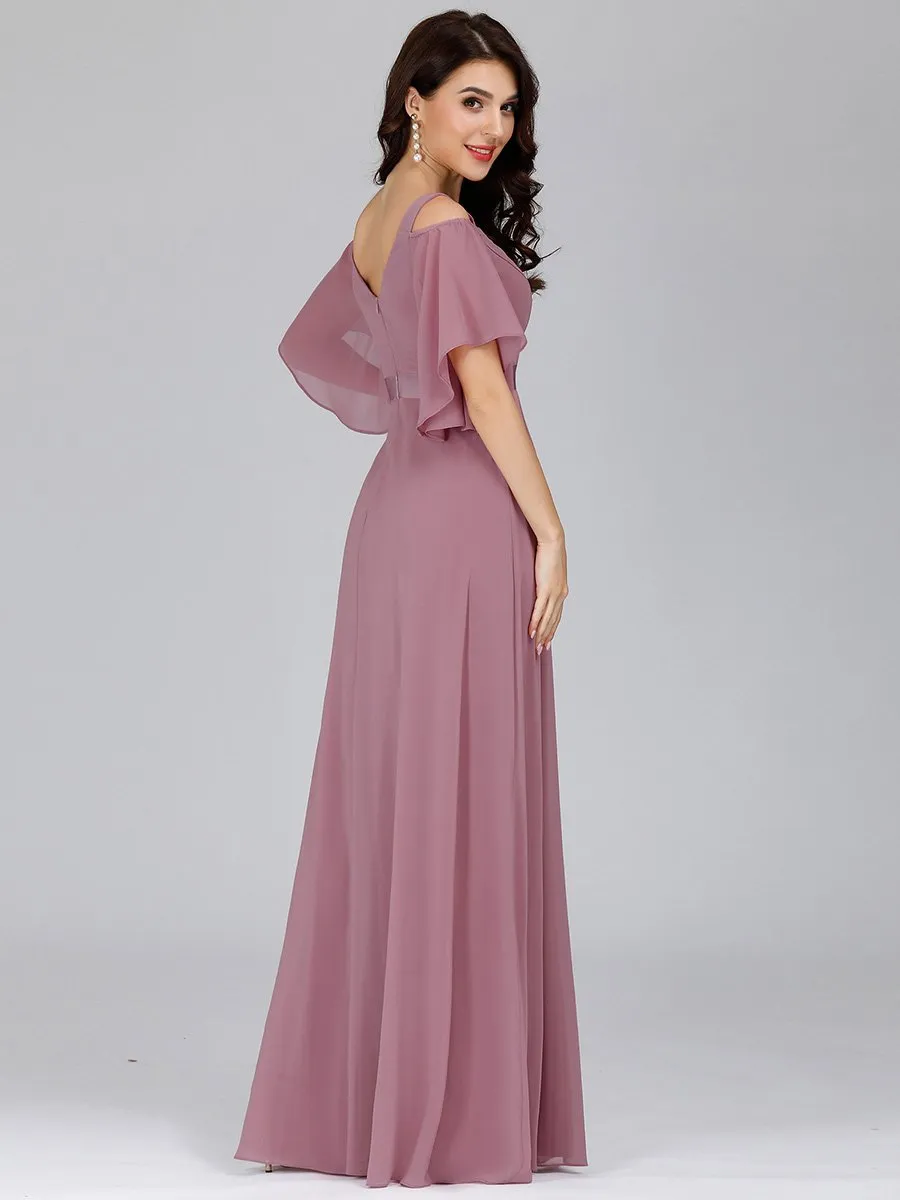 Cold Shoulder Chiffon Wholesale Bridesmaid Dress with Ruffle Sleeves