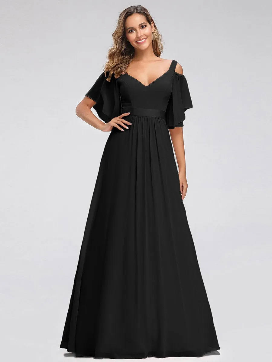 Cold Shoulder Chiffon Wholesale Bridesmaid Dress with Ruffle Sleeves