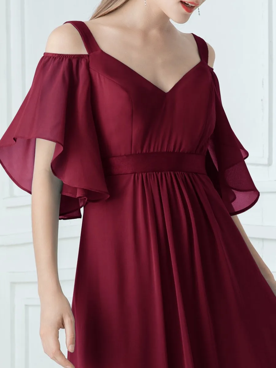 Cold Shoulder Chiffon Wholesale Bridesmaid Dress with Ruffle Sleeves