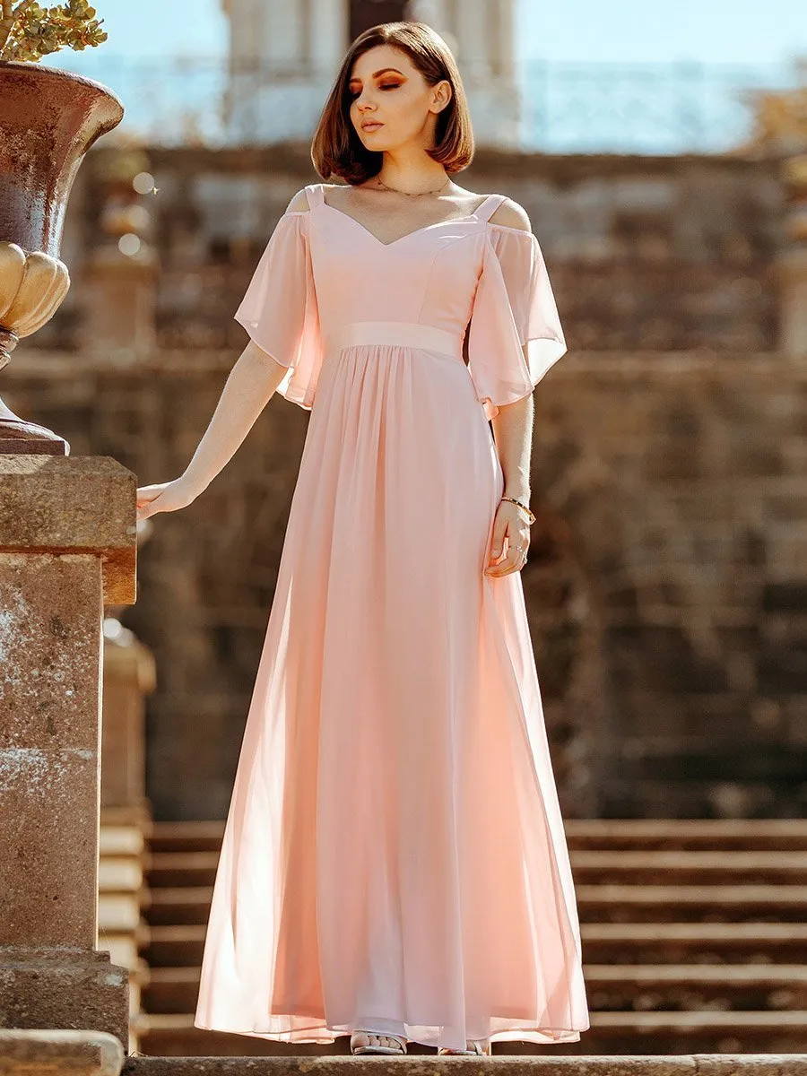 Cold Shoulder Chiffon Wholesale Bridesmaid Dress with Ruffle Sleeves