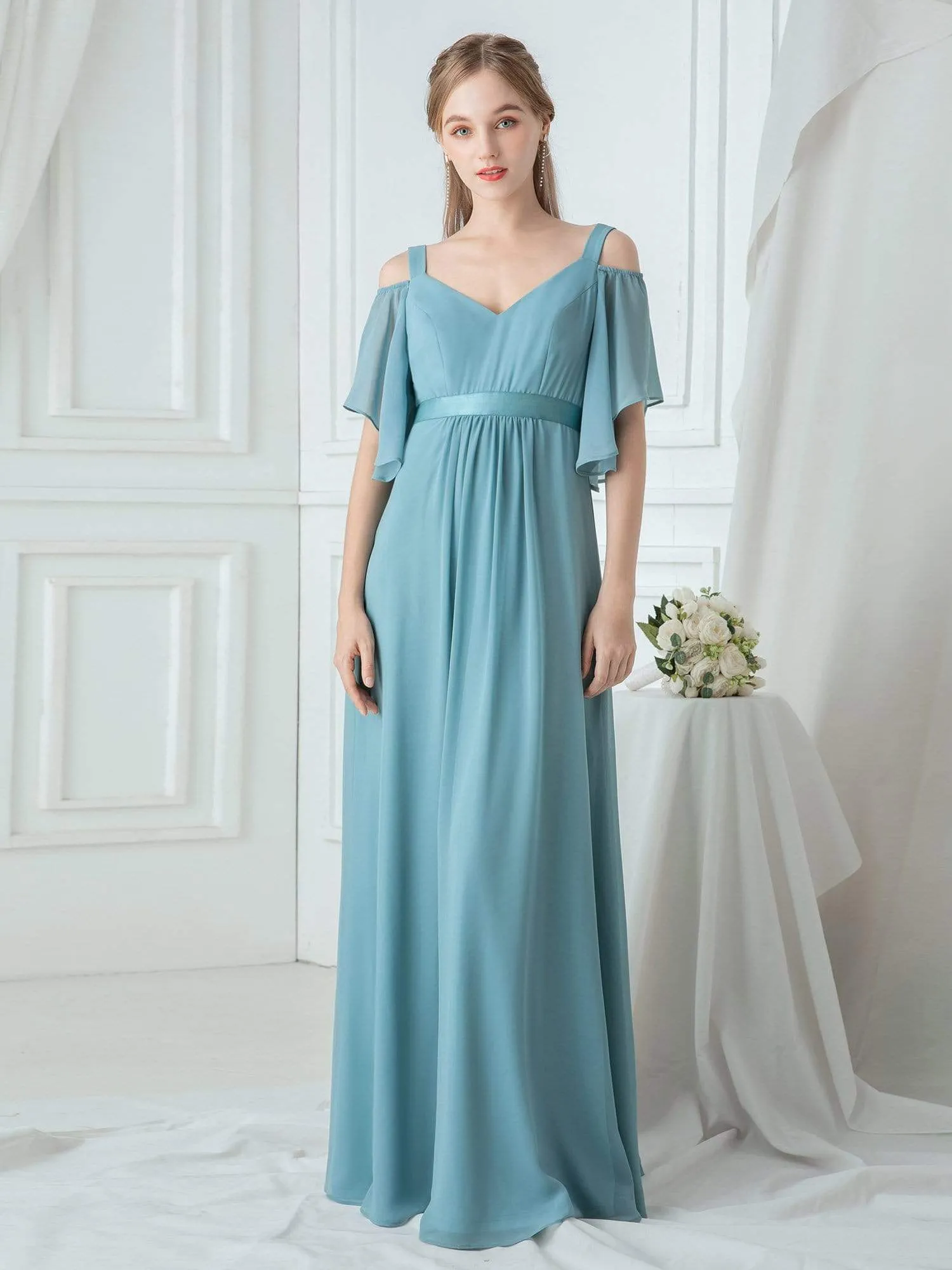 Cold Shoulder Chiffon Wholesale Bridesmaid Dress with Ruffle Sleeves