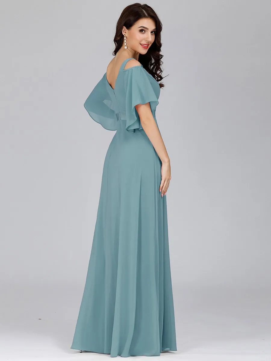 Cold Shoulder Chiffon Wholesale Bridesmaid Dress with Ruffle Sleeves