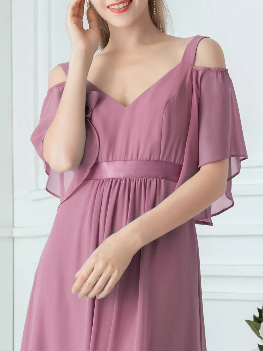 Cold Shoulder Chiffon Wholesale Bridesmaid Dress with Ruffle Sleeves