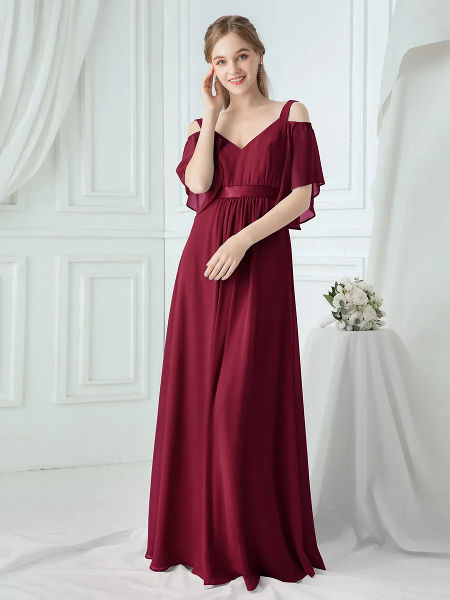 Cold Shoulder Chiffon Wholesale Bridesmaid Dress with Ruffle Sleeves