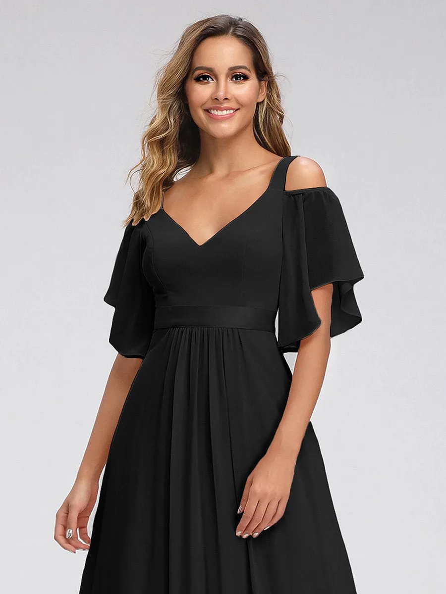 Cold Shoulder Chiffon Wholesale Bridesmaid Dress with Ruffle Sleeves