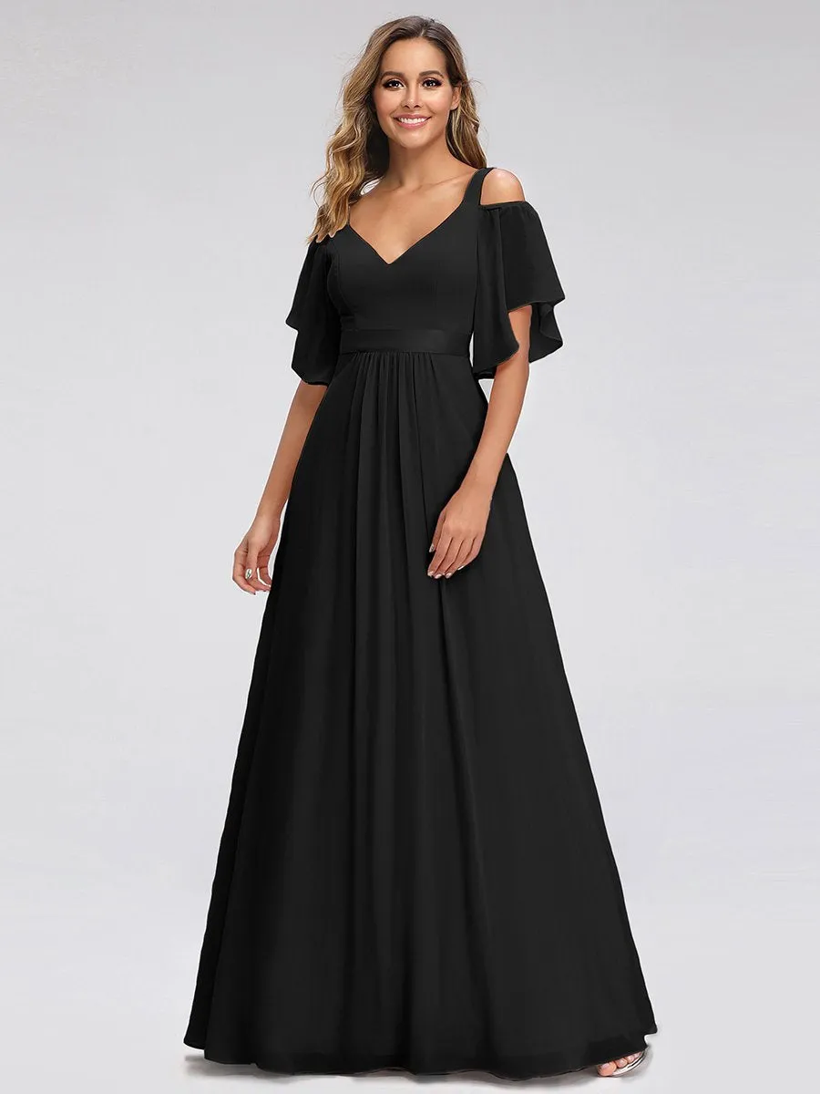 Cold Shoulder Chiffon Wholesale Bridesmaid Dress with Ruffle Sleeves